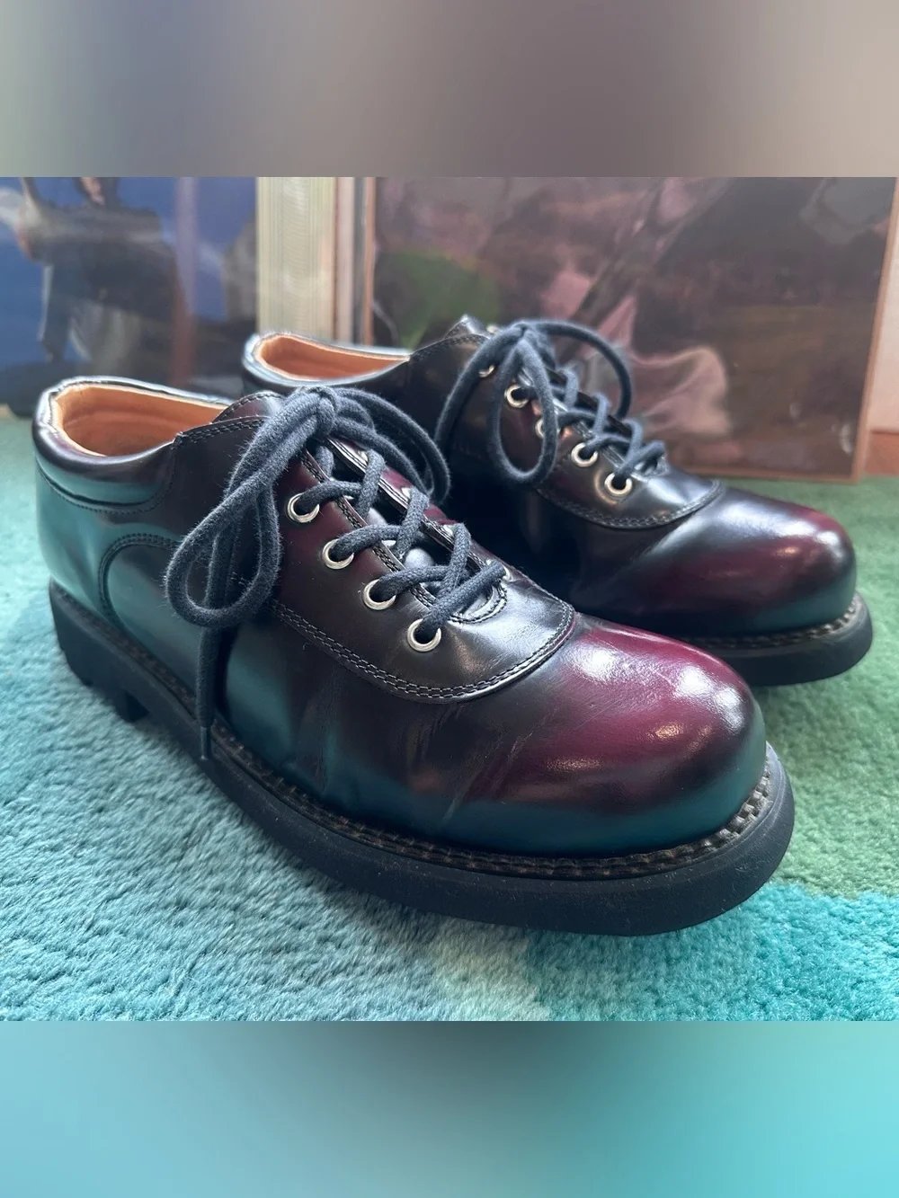 Fluevog VINTAGE EXCELLENT 7th Heaven burgundy rub-off lace-up shoe - men US 11.5